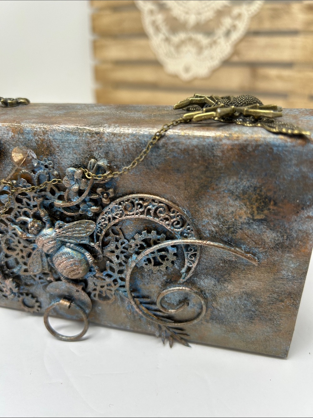 Steampunk Metal Accent Wood Piece with Bee Motif - Bronze Blue Patina - Picture 7 of 9